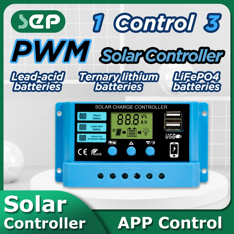 10A 20A 30A Solar Charge Controller 12V 24V PWM Solar Regulator For Lithium Iron Phosphate/Lead Acid/Lithium Battery