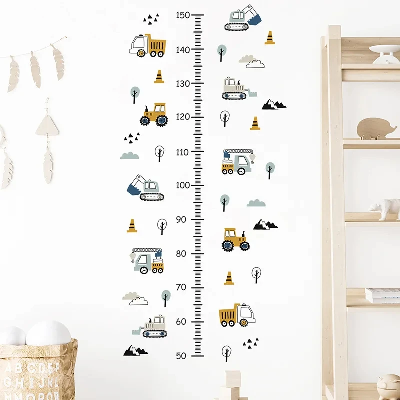 Cartoon Wall Stickers Height Measurement for Boys Room Cars Truck Tractor Bulldozer Height Grow Up Chart Wall Decals Baby Room