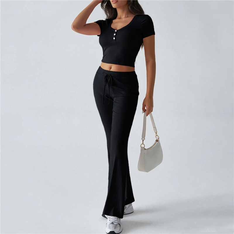 Women 2 Piece Outfits Spring Summer Casual Solid Color Crop Short Sleeve Henley Shirt and Drawstring Flared Pants Set Streetwear