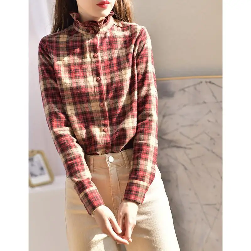 Vintage Printed Button Ruffles Loose Plaid Shirt Female Clothing 2022 Autumn Winter New Casual Tops All-match Korean Blouse