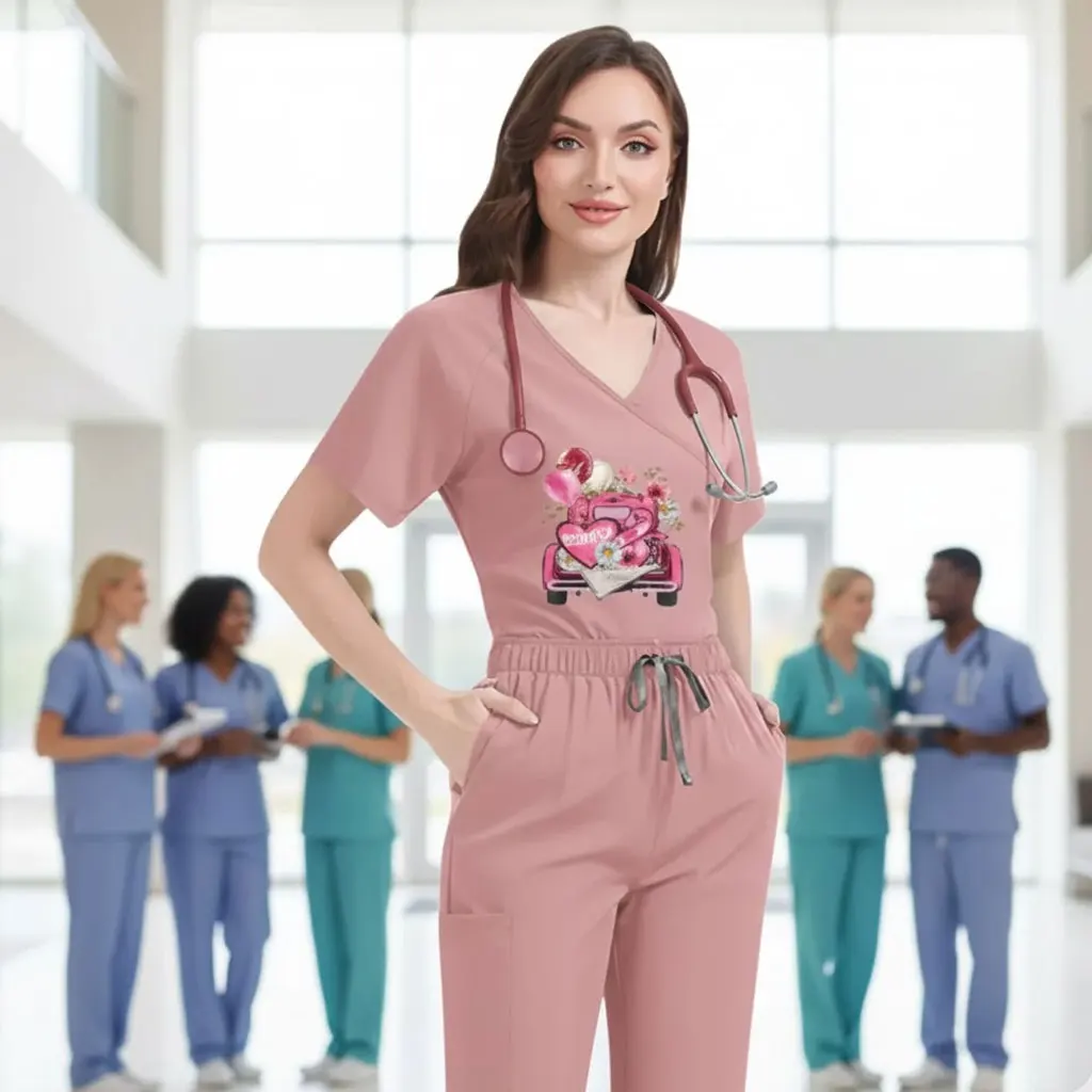 

Women's Tie-Back Scrubs Custom Print Thin Quick-Dry Short Sleeve Pants Maternity Center Beauty Salon Nurse Workwear