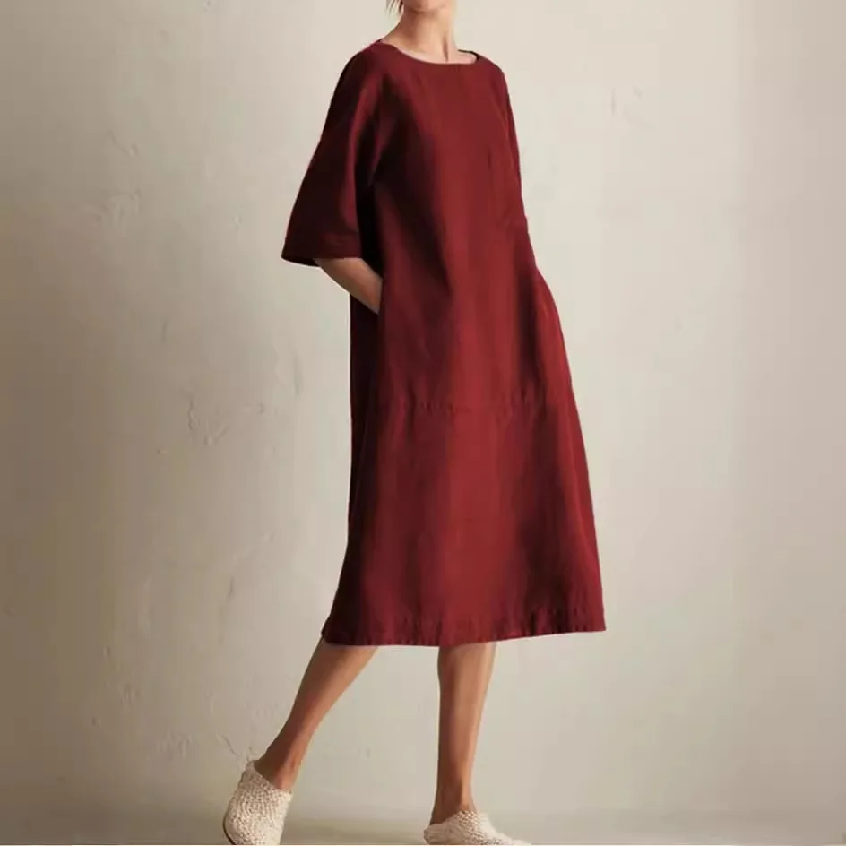 Elegant Women's Casual Loose Dresses 2025 Spring/summer Women Cotton Linen Pocket Dress Długie Sukienki Vestido Longo Robe Femme