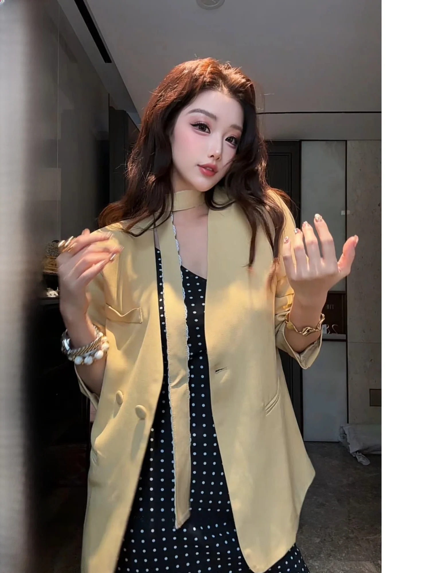 

New Dadada Women's Slim Fit Suit Jacket Collarless High-End Feeling Simple Design Long Sleeve Polyester Fiber Warmth