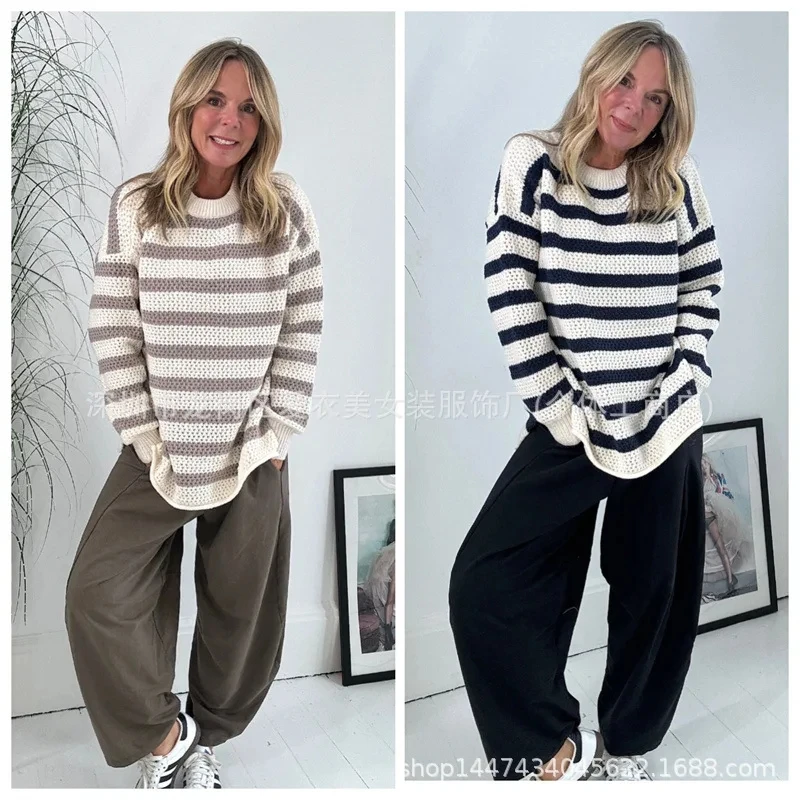 

2025 Autumn Winter New Two Tone Round Neck Loose Striped Long Sleeve Women Top Fashion Casual Two Colors Optional