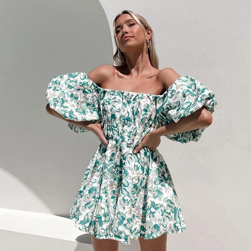 

Ardm Sexy Puff Sleeve Off Shoulder Floral Print Summer Mini Dress For Women 2022 Loose A-Line Holiday Beach Dress Boho Vestido