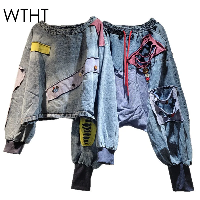 WTHT moda mujer Patchwork Color agujero cuello redondo manga larga Camiseta cintura elástica suelta Harem Jeans mujer 2025 otoño 1LS2308