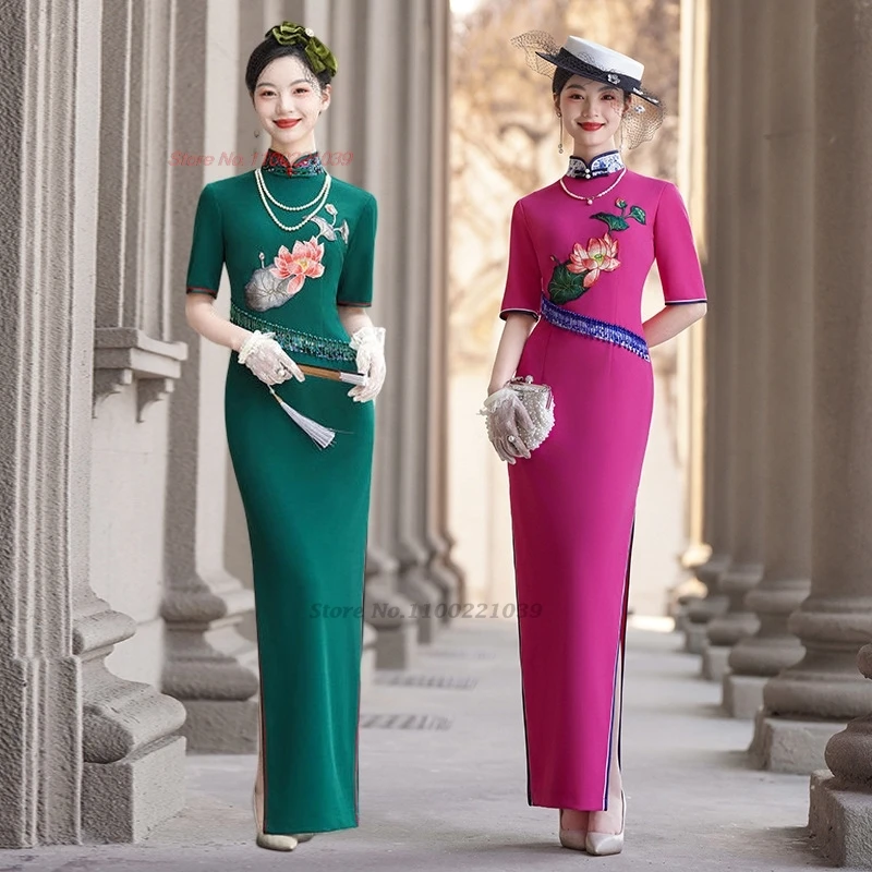 

2025 chinese improved cheongsam national flower embroidery formal qipao dress retro elegant banquet evening dress qipao vestido