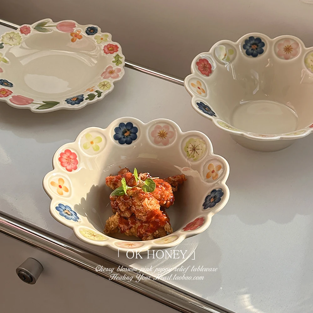 Unique Underglaze Color Floral Ceramic Bowl Ins Style Home Kitchen Use Soup Fruit Salad Noodle Bowls Dishwasher Microwave Safe