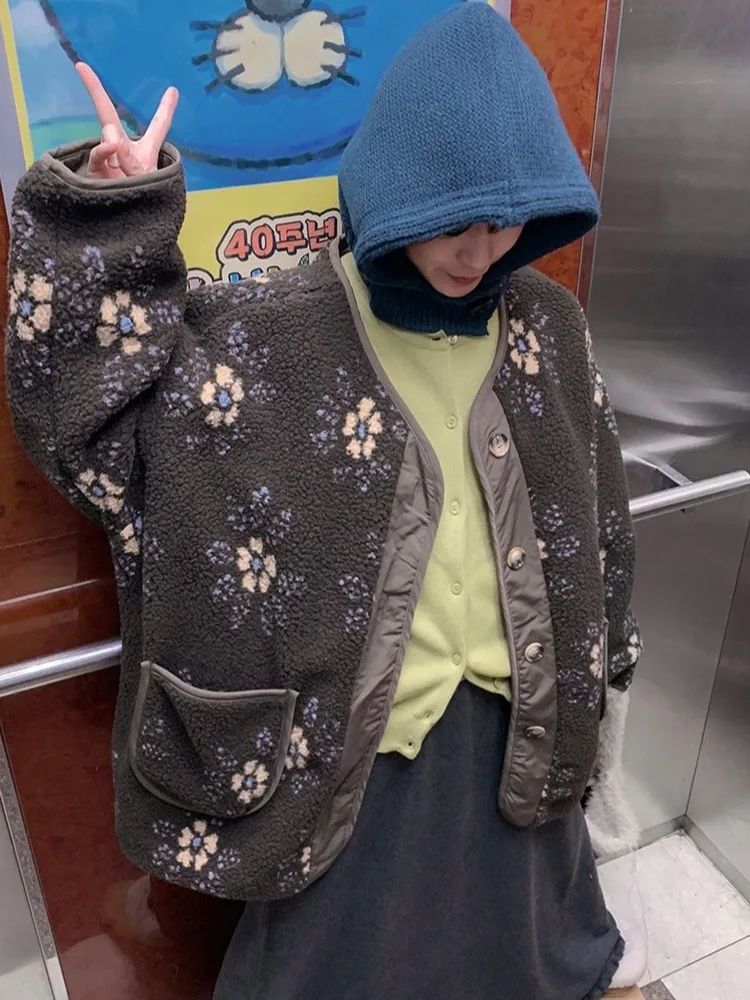 

Korean Sle Winter Vintage Aosphere Embroidered Faion Patchwork Lamb Fur Cotton Blend Warm Versatile Women's Jaet