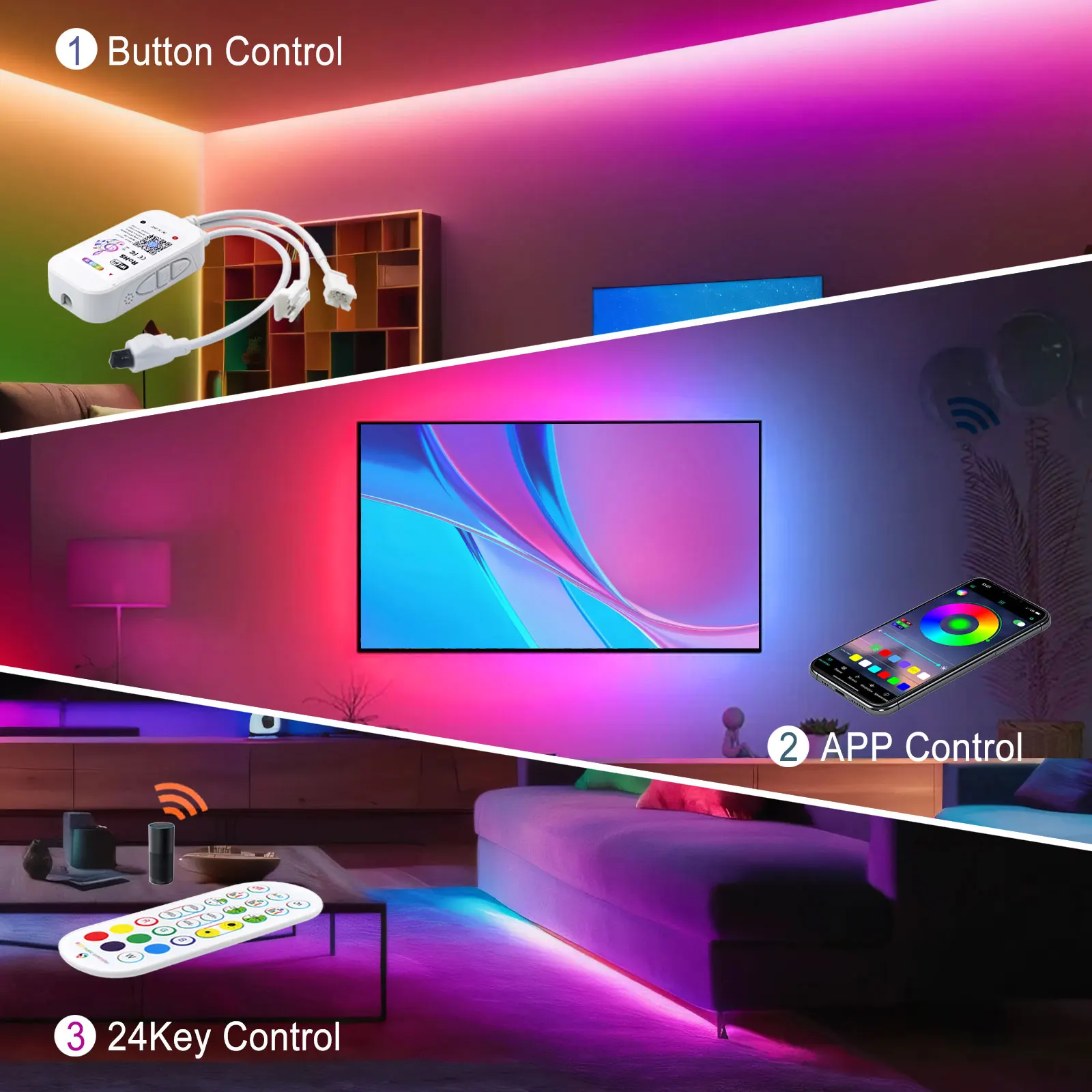 Neon LED Strip Lights para quarto, RGB 5050, Bluetooth, fita de controle WiFi, fita flexível, cor, TV Backlight, 24V, WS2811