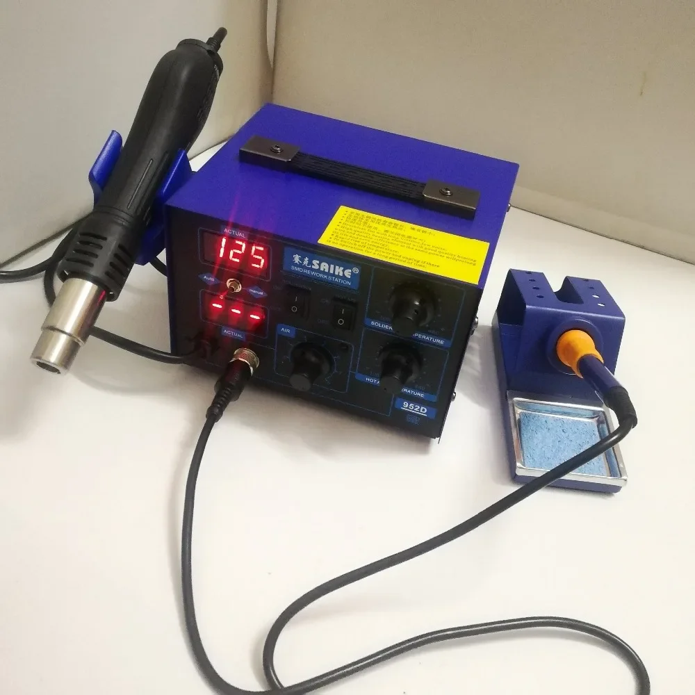 Saike 952D 2 in 1 Solder Rework Station Hot Air Gun + Soldering Iron 760W   100-480 C   110V/220V