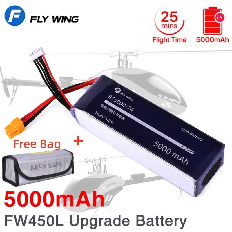 Fly Wing FW450L 5000mAh 4S Lipo Battery ACE Tattu 14.8V 35C Upgrade Battery with XT60 Plug For RC Helicopters 25min Flight Time