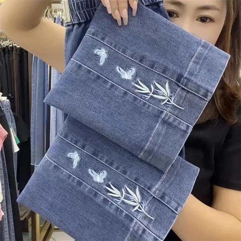 

New Spring Autumn Embroidery High Elastic Straight Denim Pants Women Waist Loose Casual All-Match Jeans Ladies Trouser