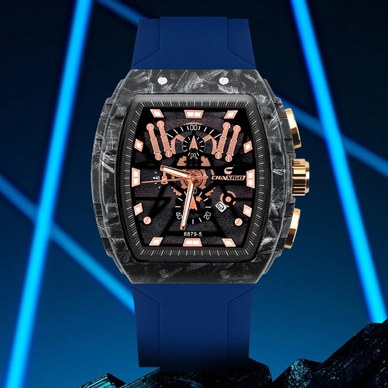 

CHAXIGO 6879 Men's Fashion Wine Barrel Quartz Watch Silicone Strap Gradient Decorative Calendar Waterproof Watches for Man