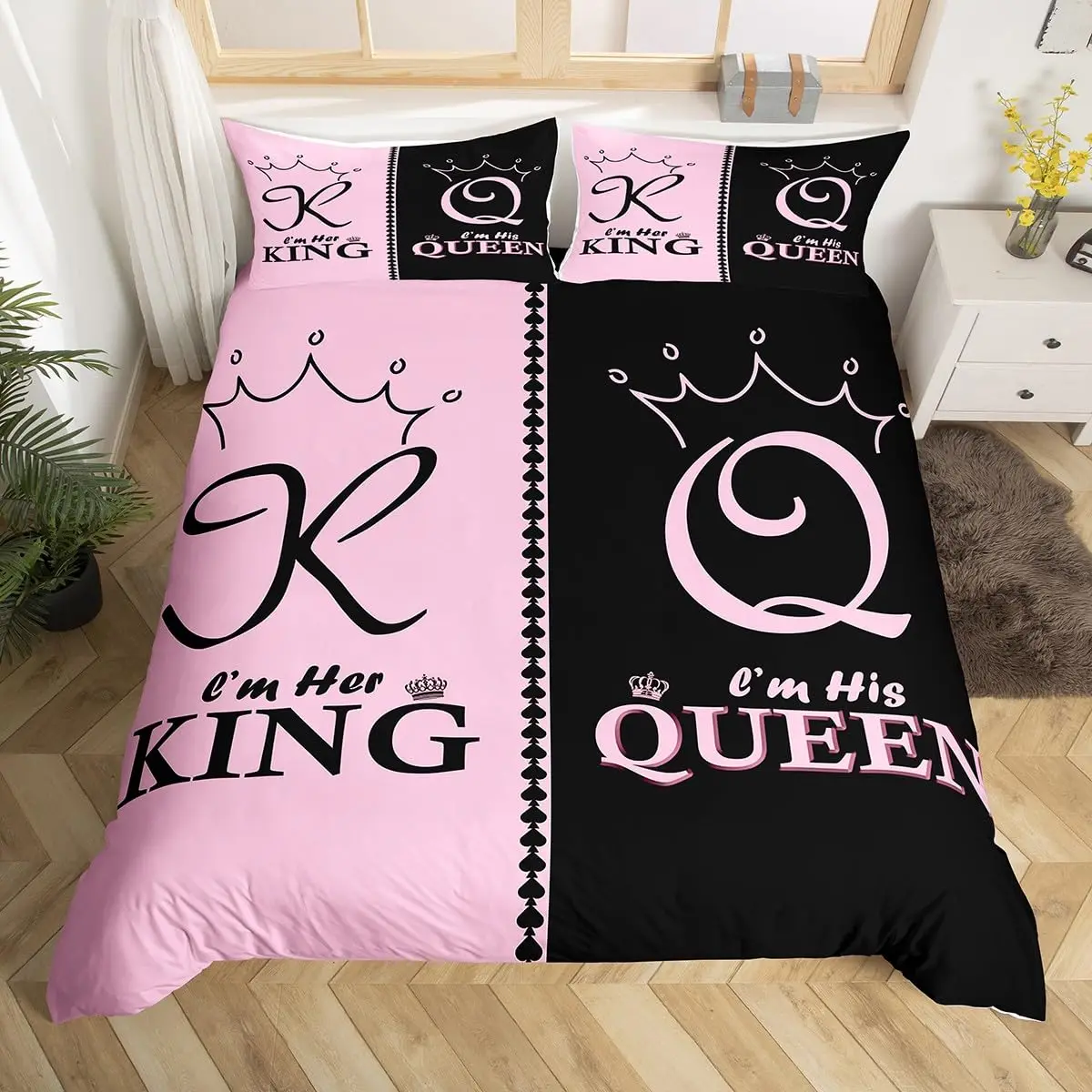 King and Queen Crown Duvet Cover Pink Black Couple Twin Comforter Cover Mr Mrs His Her Bedding Set Romantic Valentine's Day Gift