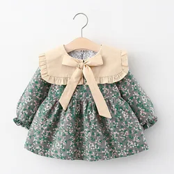 Spring and Autumn Girls' Dress Baby Girl Solid Color Big Flip Neck Bow Full of Fragmented Flowers Long sleeved Princess Dress