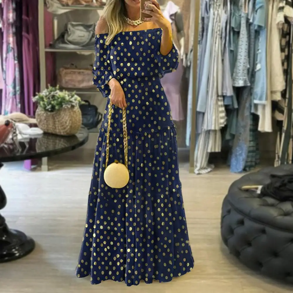 

Women Dress Puff Long Sleeve Waist Tight Stitching Large Hem Dress Women Off Shoulder Dot Stamping Printed Boho Long Dress