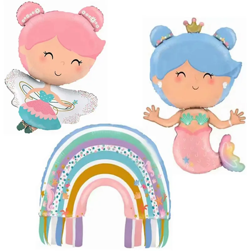 New Pink Hair Fairy Blue Hair Beautiful Fish Tassel Ocean Rainbow Aluminum Film Balloon Girl Children\'s Birthday Party Decoratio