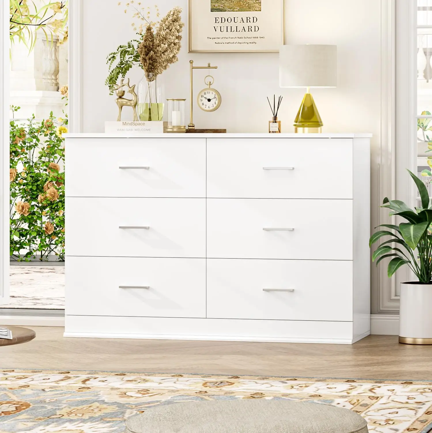 White Dresser, 47.2'' Large 6 Drawer Dresser Wide Chest of Drawers for TV Stand, Modern Dresser White Floor Storage