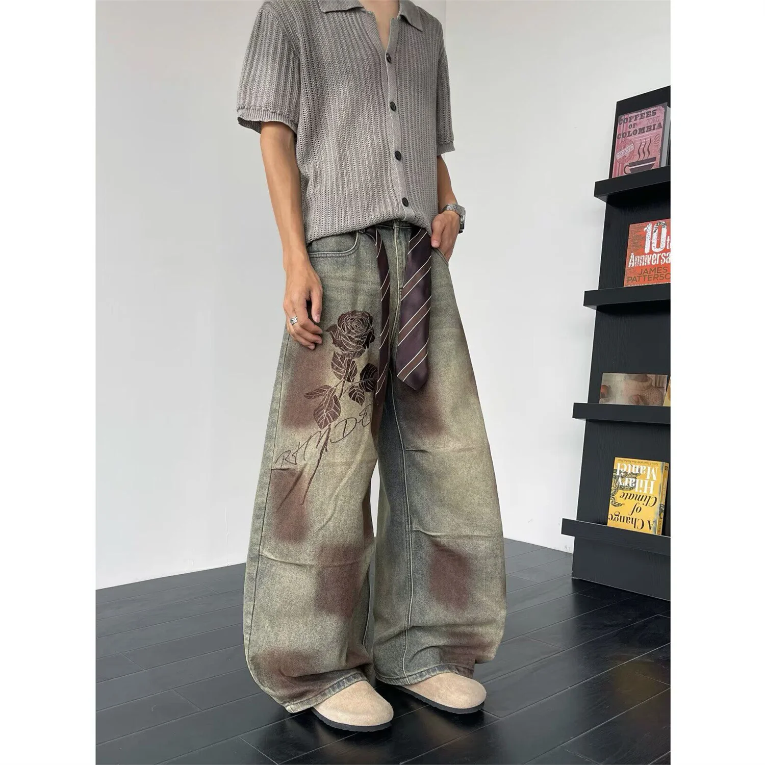 Men's Rose Print Pattern Jeans Summer Baggy Sweatpants Retro Casual Pants Young Boys Wide Leg Bottom Male High Waist Trousers
