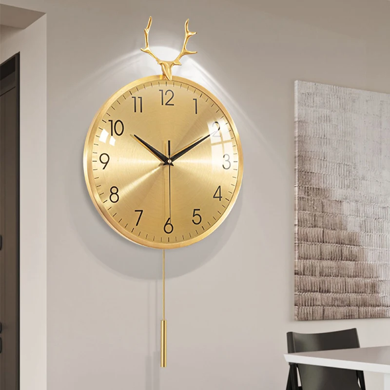 Brass Wall Clock Aesthetic Copper Deer Living Dining Room Restaurant Home Wall Decorations Bedroom Clocks Watch With Pendulum