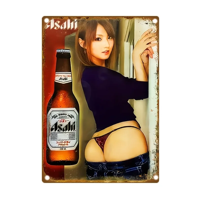 Letrero de metal de cerveza Asahi vintage, arte de pared retro de 8x12 pulgadas, diseño de mujer sexy y botella, decoración rústica para bar en casa