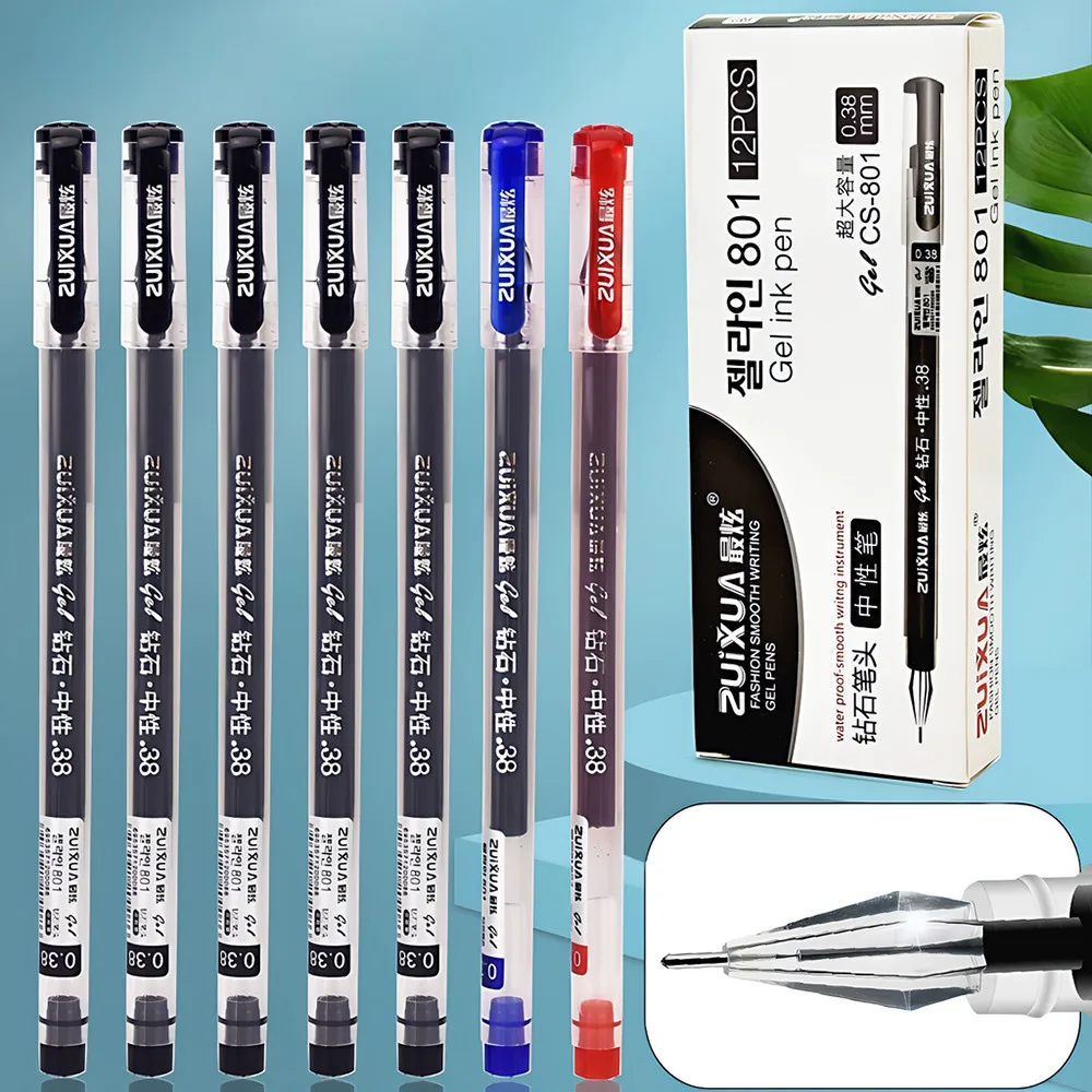 6/12 pcs Diamond Tip Gel Pens Set 0.38mm Black Blue Red Large-Capacity Ink Smooth Writing for Exams Office School Stationery