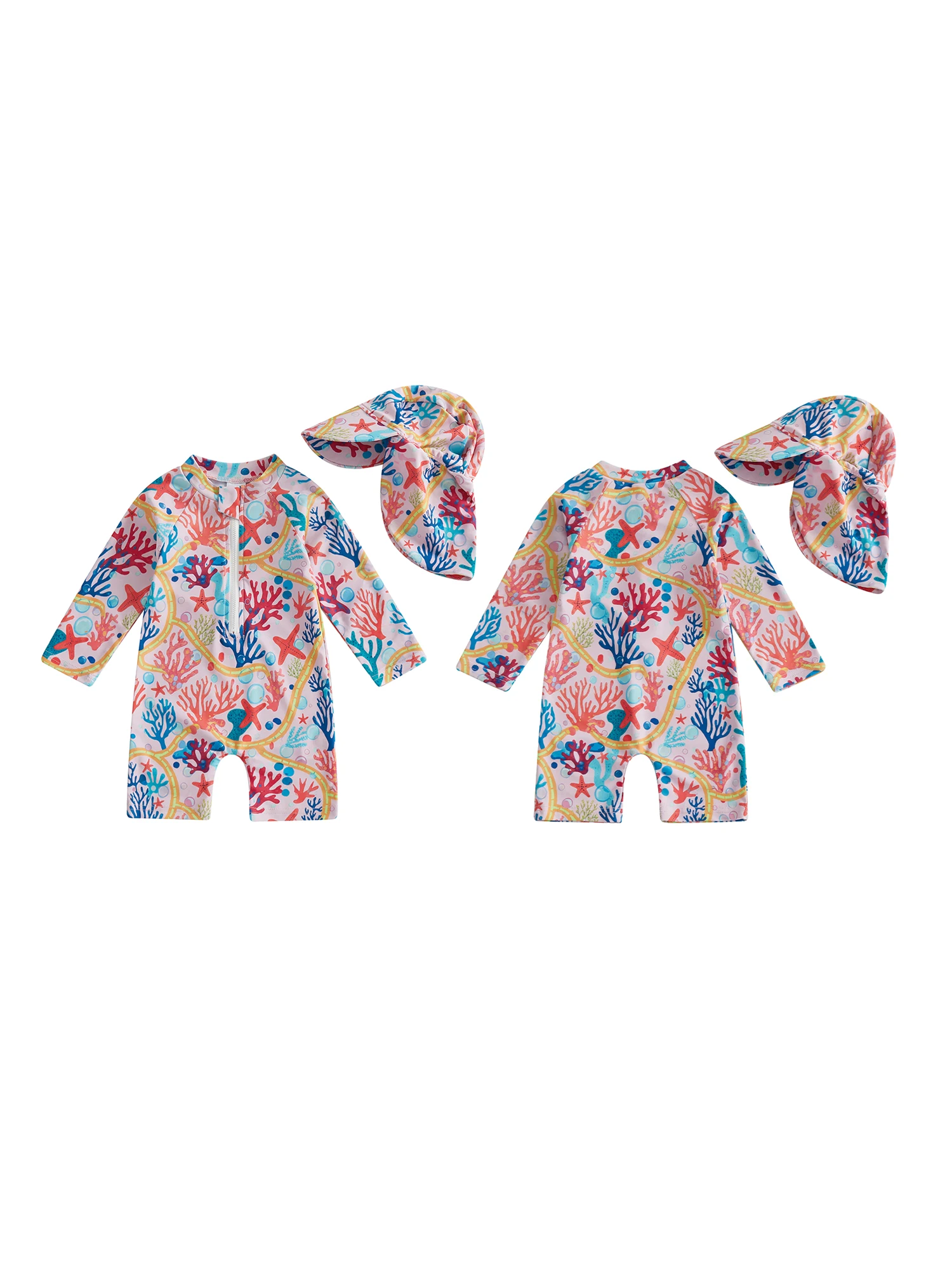 

Cute Baby Girls Boys Rash Guard Swimsuit Set with Sun Hat Coral Dinosaur Pawpaw Swim Ring Print Kids Bathing Suit Beachwear