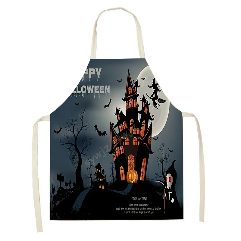 Halloween Apron Skull Print Adult Kids Kitchen Apron Ghost Festival Dinner Party Cooking Apron Home Party Stain Resistant Bibs