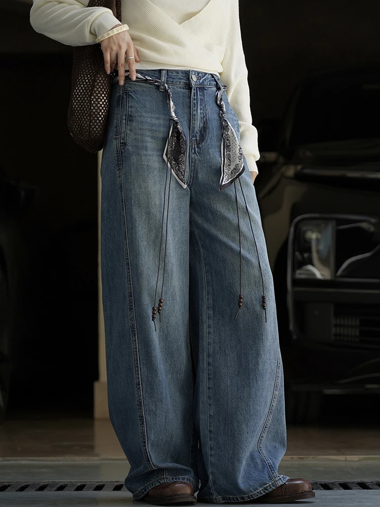 FANAN bureau dame jean délavé pour femmes taille haute droite jambe large Denim pantalon mode Streetwear vêtements 2025 automne nouveau