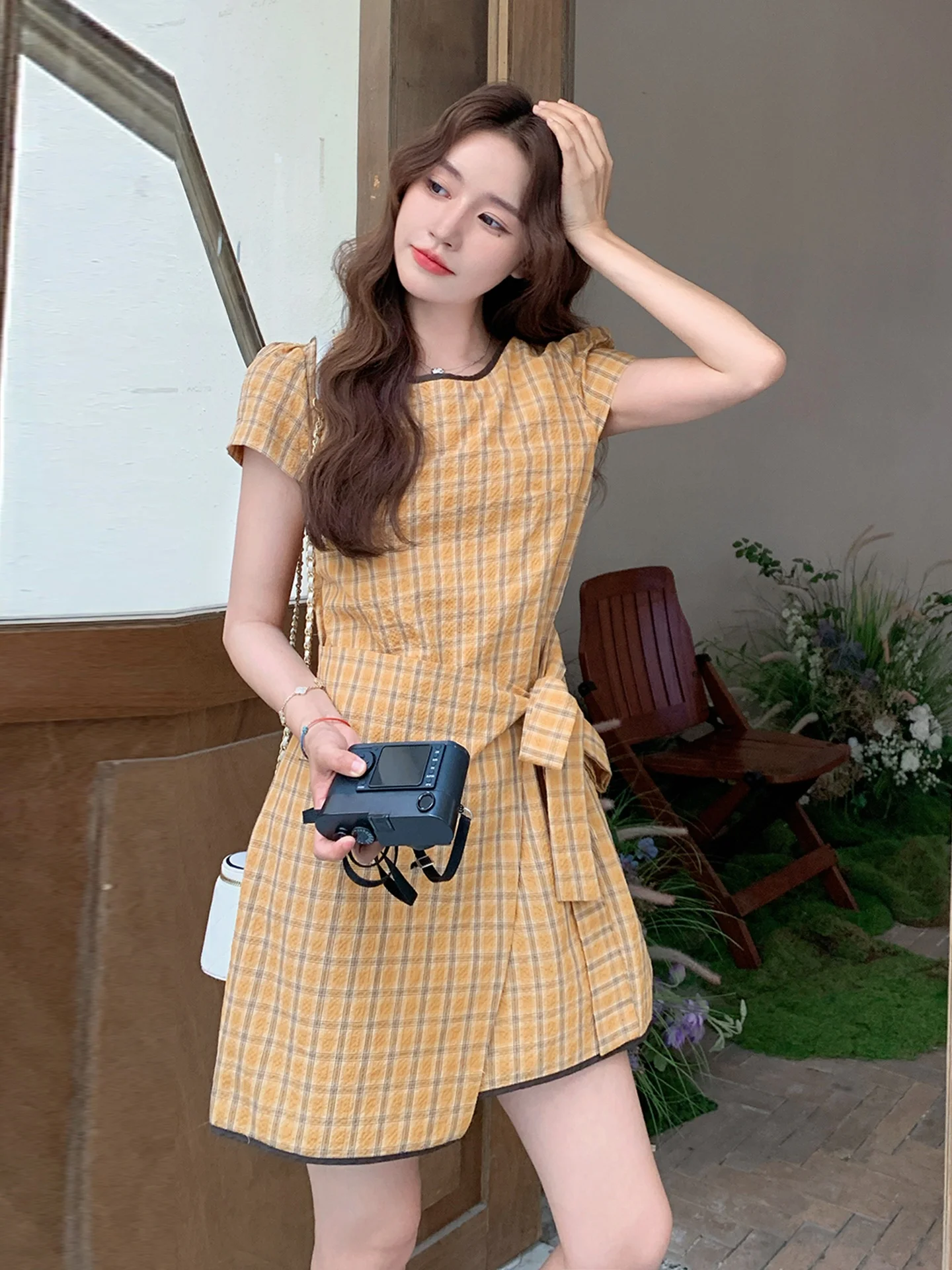 Retro Plaid Dr Women's Summer 2025 Faionable Holiday Sle High Waist ort Skirt Slimming A-Line Dr Korean Version