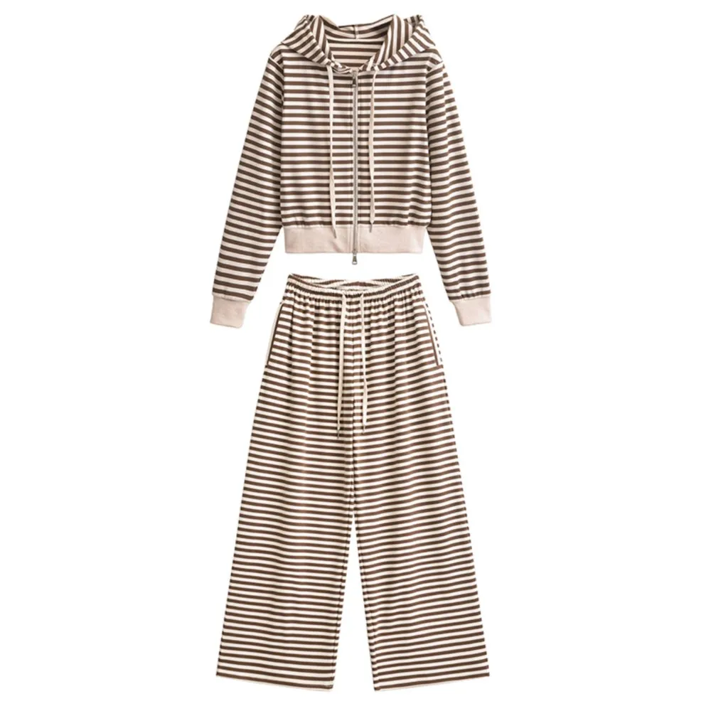 2 pieces 1 Set 2024 Horizontal Striped Zipper Hooded Sweatshirt Women Drawstring Waist Full Length Wide Leg Pants Home Suits