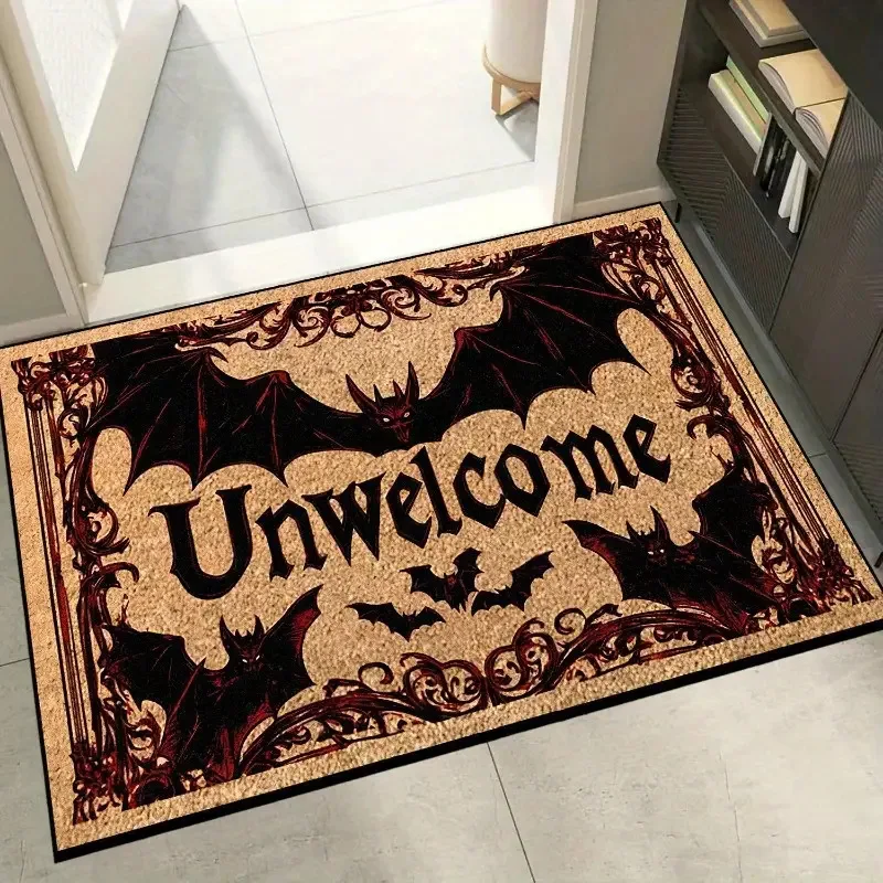 Image of Halloween Fledermaus Spinnennetz Willkommen Gothic Matte Vintage Horror Dekorativer rutschfester Teppich Teppich Spukhaus Bodenmatte Fußmatte