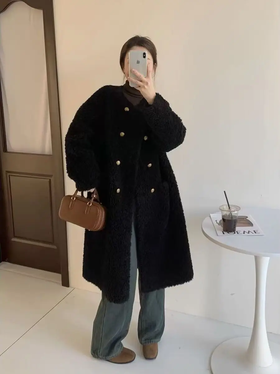 Abrigo largo Retro de piel de oveja, ropa de abrigo cálida para mujer, corte holgado, versátil, Otoño Invierno, nuevo Sle, fibra de poliéster, Color puro