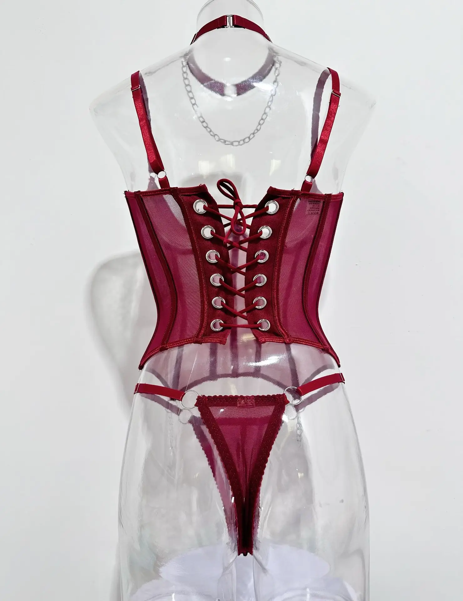 Seksowna bielizna atrakcyjna cienka siateczka fishbone bielizna modelująca sznurowane z tyłu z stringami kostium porno seksowne kobiety otwarte koronkowe body