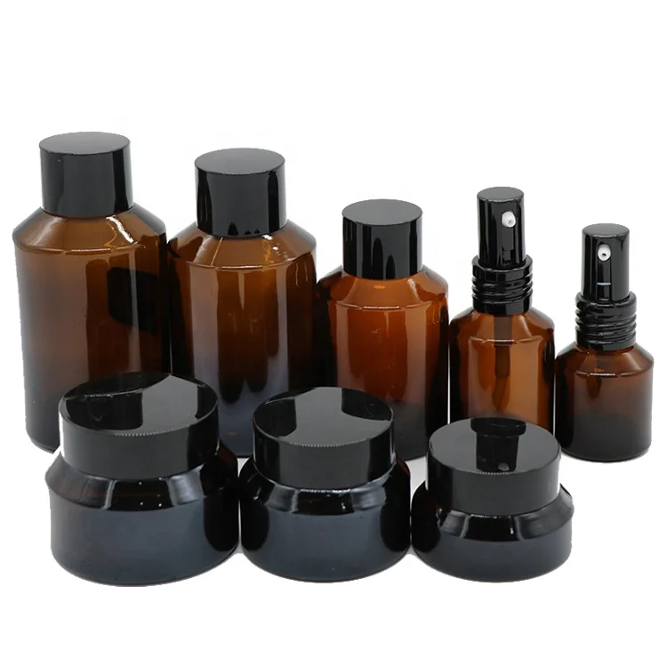 3Pcs wholesale 1oz 4oz fancy frosted matte black cosmetic glass bottle and jar pump bottle for lotion serum cream Eye Cream jars