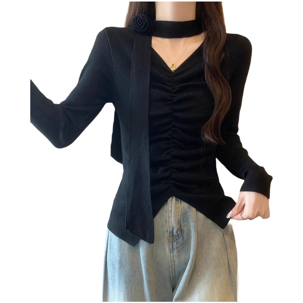 

Женский облегающий топ с длинным рукавом и V-образным вырезом с розовой лентой. Базовая теплая футболка подходит для осени и весны.