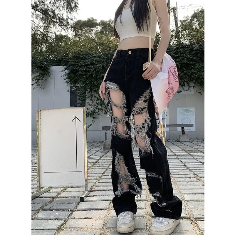 New Y2k Broken Hole Jeans All-Match Distressed Women High Street Hip Hop High Waist Straight Loose Trousers Washed Mopping Pants