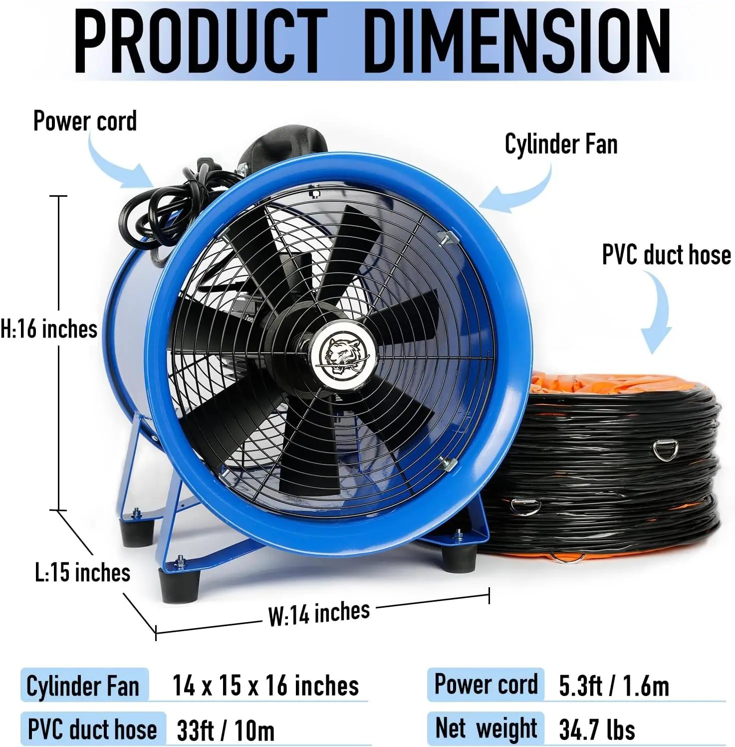 520W/12Inches Utility Blower,3350 R/Min High Velocity Low Noise Portable Ventilator Exhaust Fan With 33Ft Pvc Flexible Duct