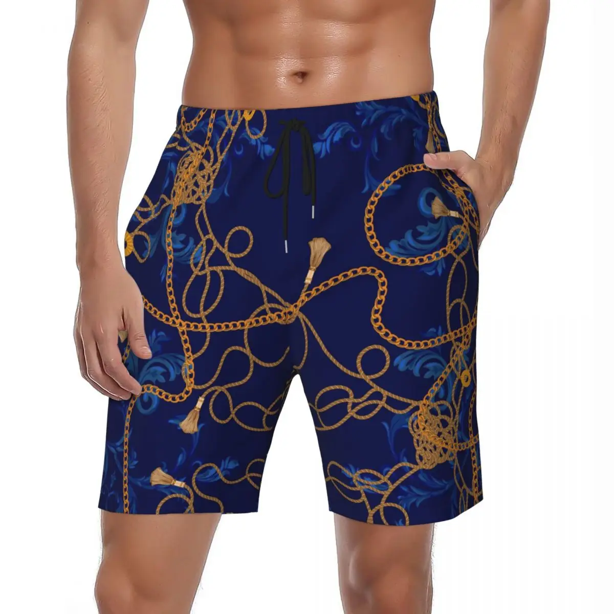 Men's Gym Shorts Gold Chain Casual Beach Trunks Blue Floral Print Comfortable Sports Trendy Plus Size Beach Shorts