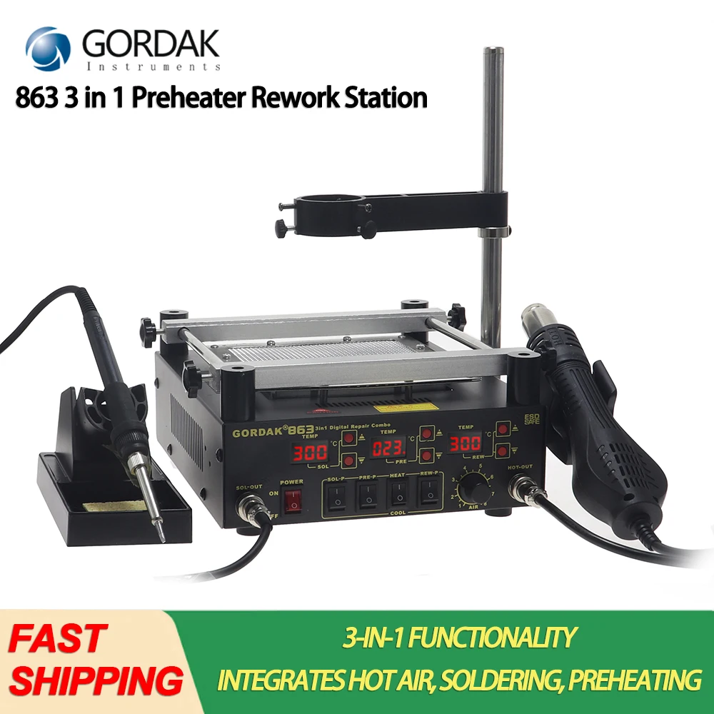 GORDAK 863 3in1 Preheater Rework Station Hot Air Heat Gun Solder Station Electric Soldering Iron IR Infrared Preheating Station