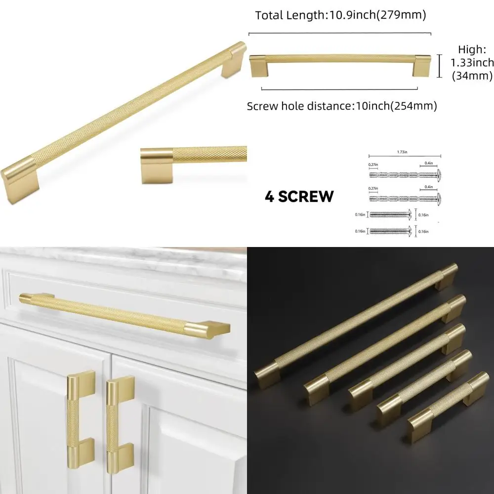 

10-Inch Brushed Brass Kitchen Cabinet Handles, Knurled Gold Drawer Pulls, Premium Kitchen Hardware Set