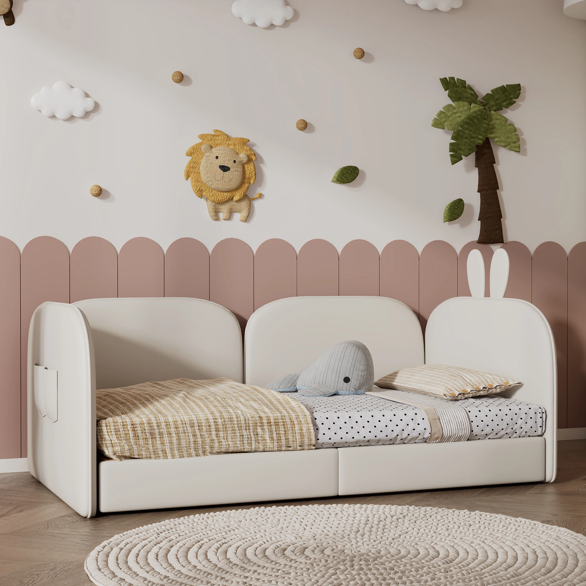 Rabbit Headboard Sofa Upholstery bed Children bed 3 Sides Included Daybed Velvet Beige 90x200cm