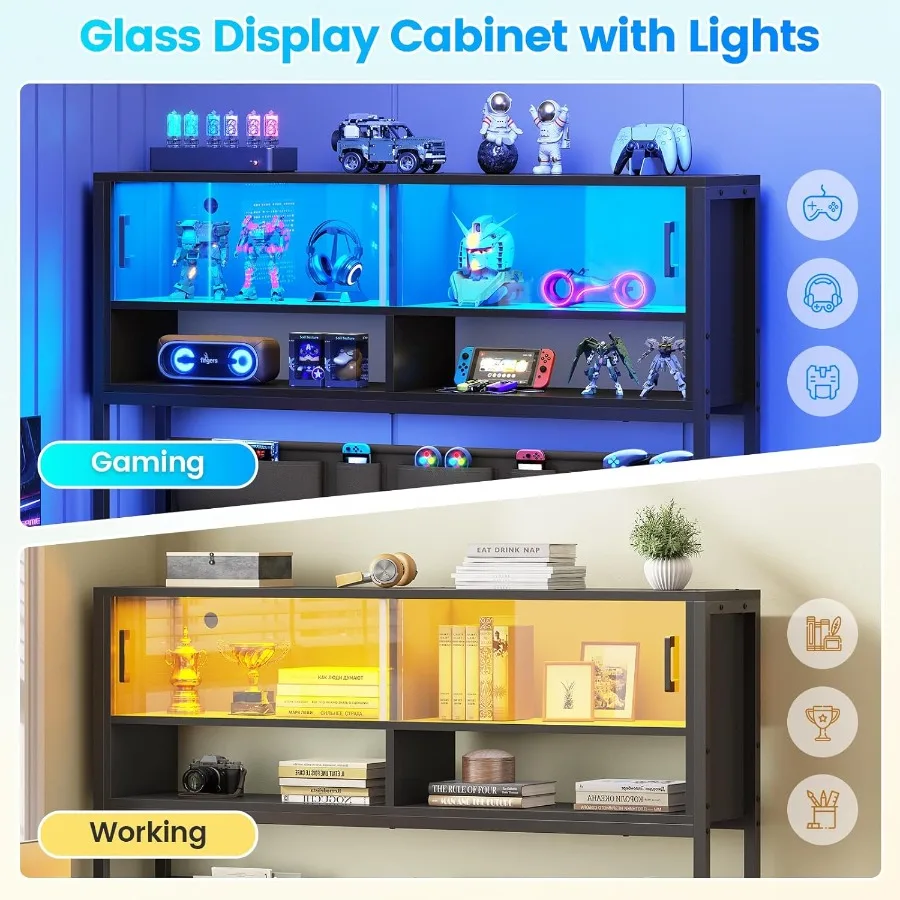 Escritorio para juegos en forma de L para el hogar, oficina y configuración de juegos con cajones duales, iluminación LED, gabinete de vidrio, bolsa de almacenamiento, diseño de esquina wi