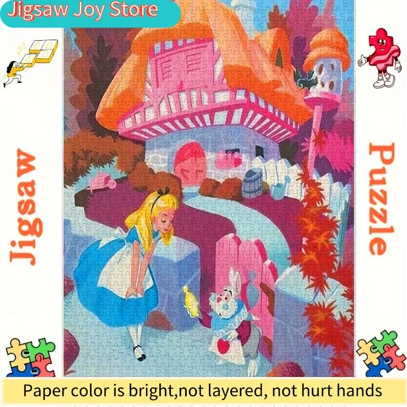 500/Disney  puzzle, DIY paper puzzle, Ailimei Wonderland theme, featuring White Rabbit and Mushroom House, thick white cardboa