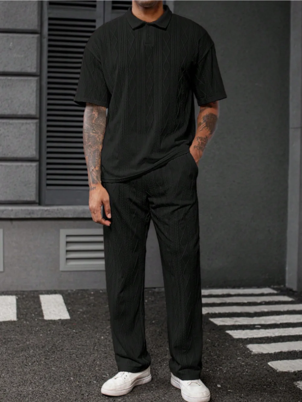 New men's suit, button-down lapel jacquard short-sleeved top, pocket drawstring summer casual trousers