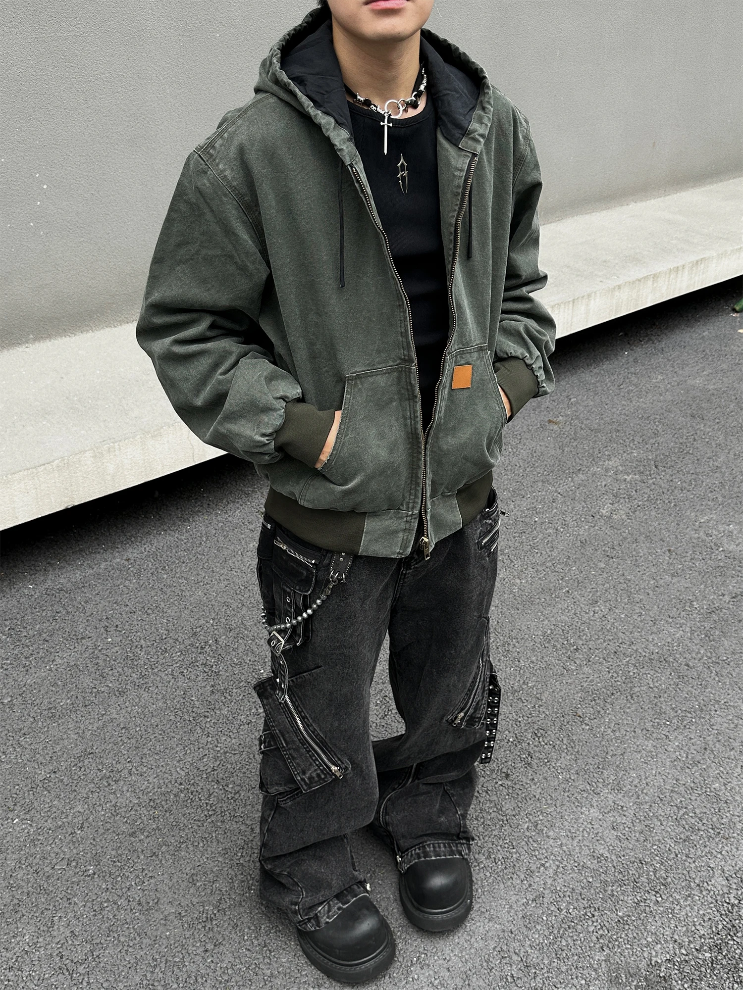 

American Retro Waed Detroit Workwear Jaet Men's Street Sle Cleanfit Cotton Coat Youth Trendy Outerwear Zipper Decor