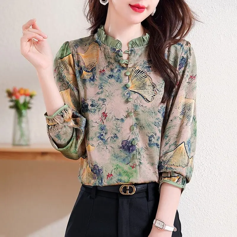 

Spring and Autumn 2025 New Fashionable Women's Patchwork Buttons for Casual Long Sleeved Chiffon Shirt Lotus Collar Print