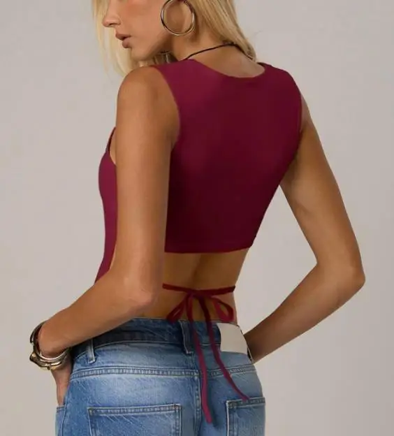 

Women's Summer Burgundy Sleeveless Vest Slim Fit round Neck Basic Style Solid Color Base Shirt Tight Fitting