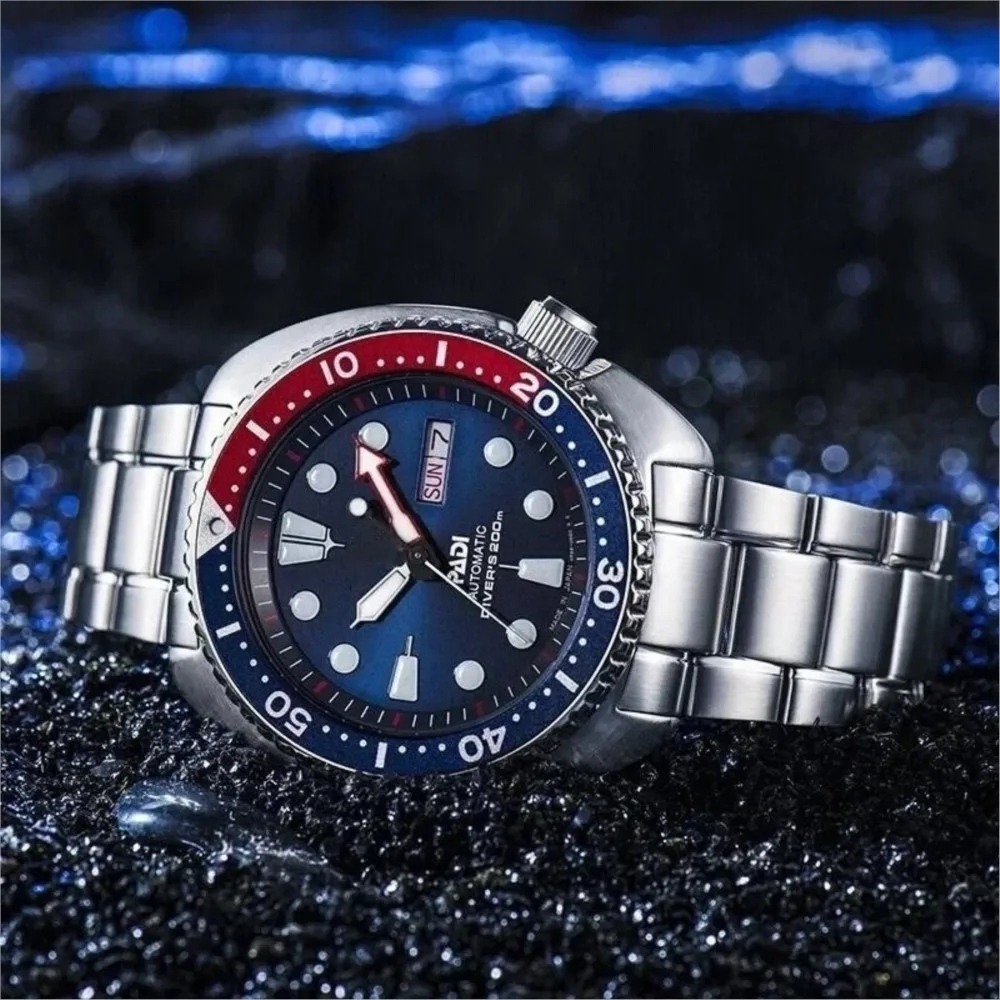 Luxury Design Men's PADI Water Ghost Automatic Mechanical Watch Diving Watch Silver Strap Blue Red Bezel Wrist Watch Casual